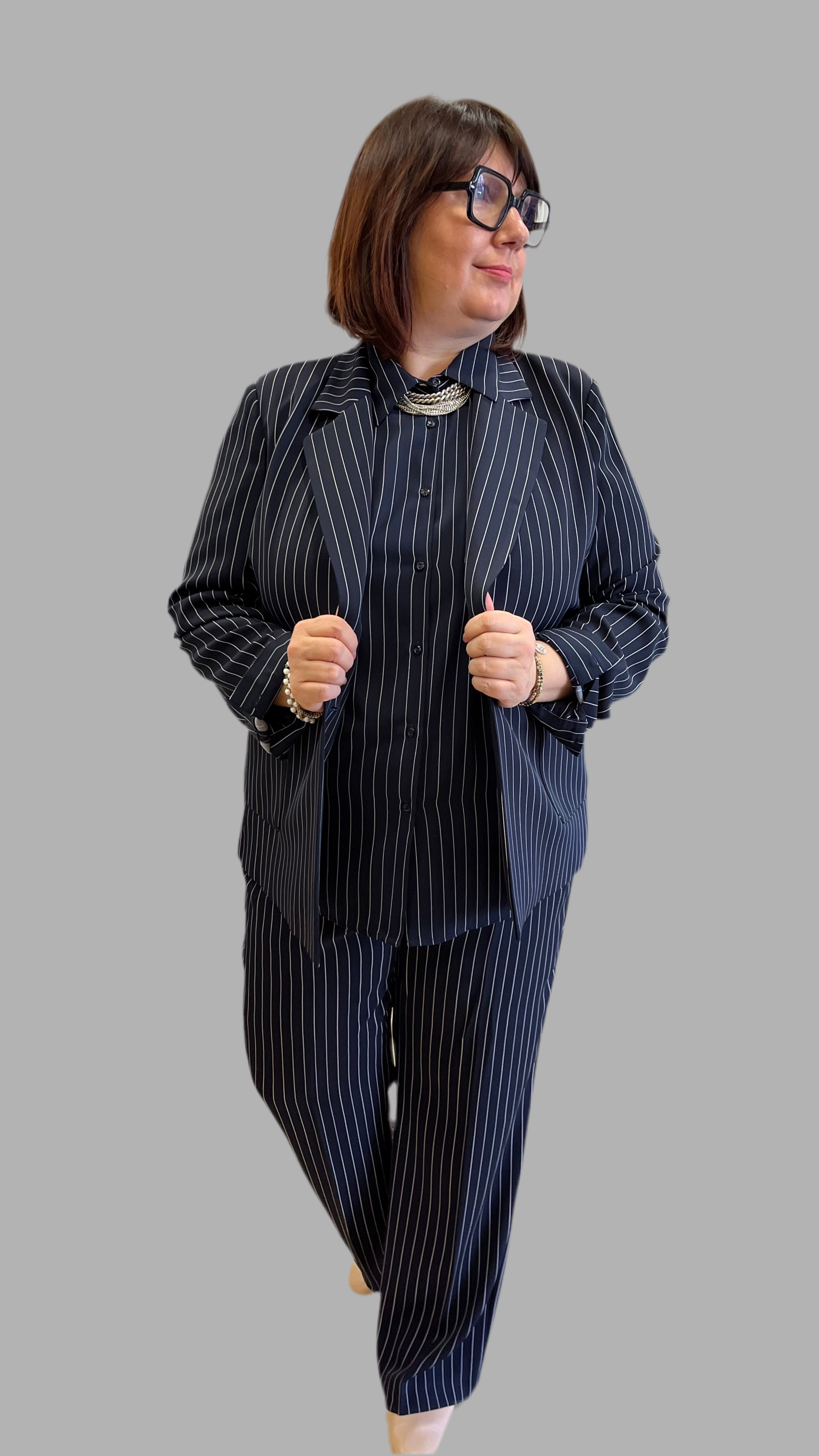 Giacca Gessato Blu Curvy